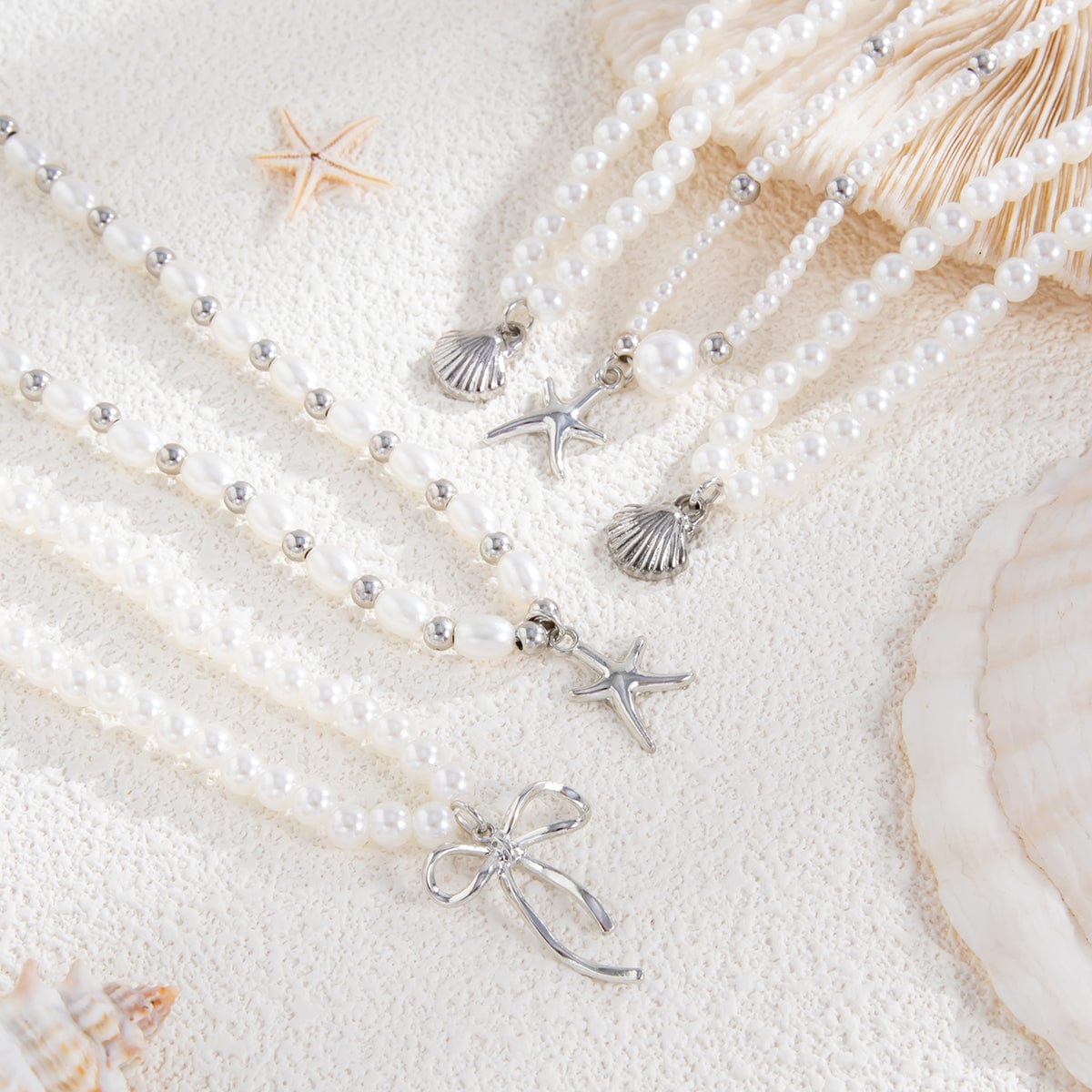 Chic 5pcs Bowknot Shell Starfish Pendant Pearl Chain Necklace Set - ArtGalleryZen