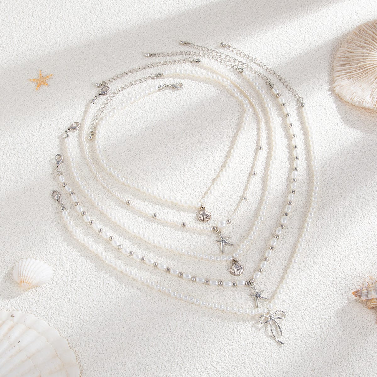 Chic 5pcs Bowknot Shell Starfish Pendant Pearl Chain Necklace Set - ArtGalleryZen