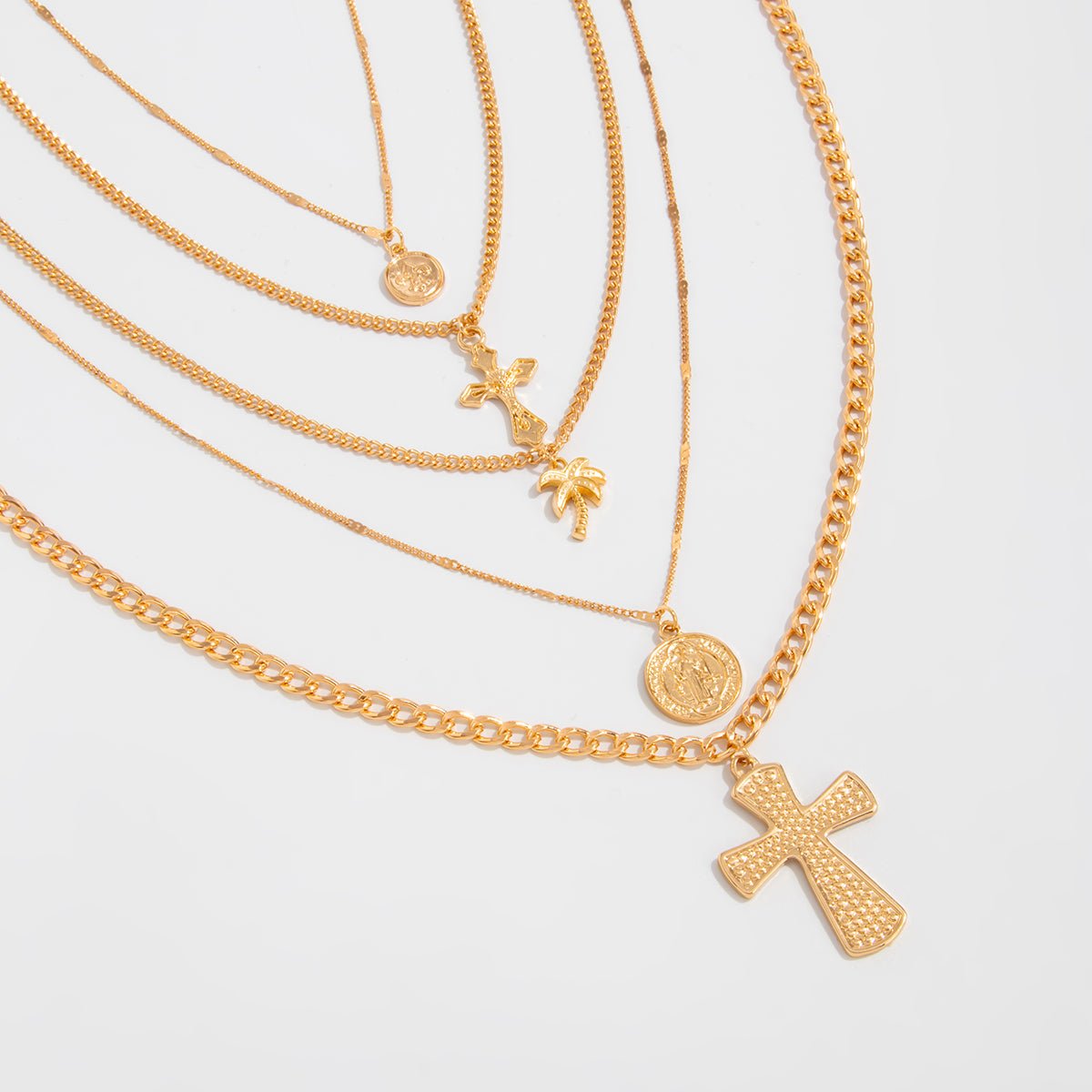 Chic 5pcs Cross Round Disk Coconut Tree Pendant Necklace Set - ArtGalleryZen