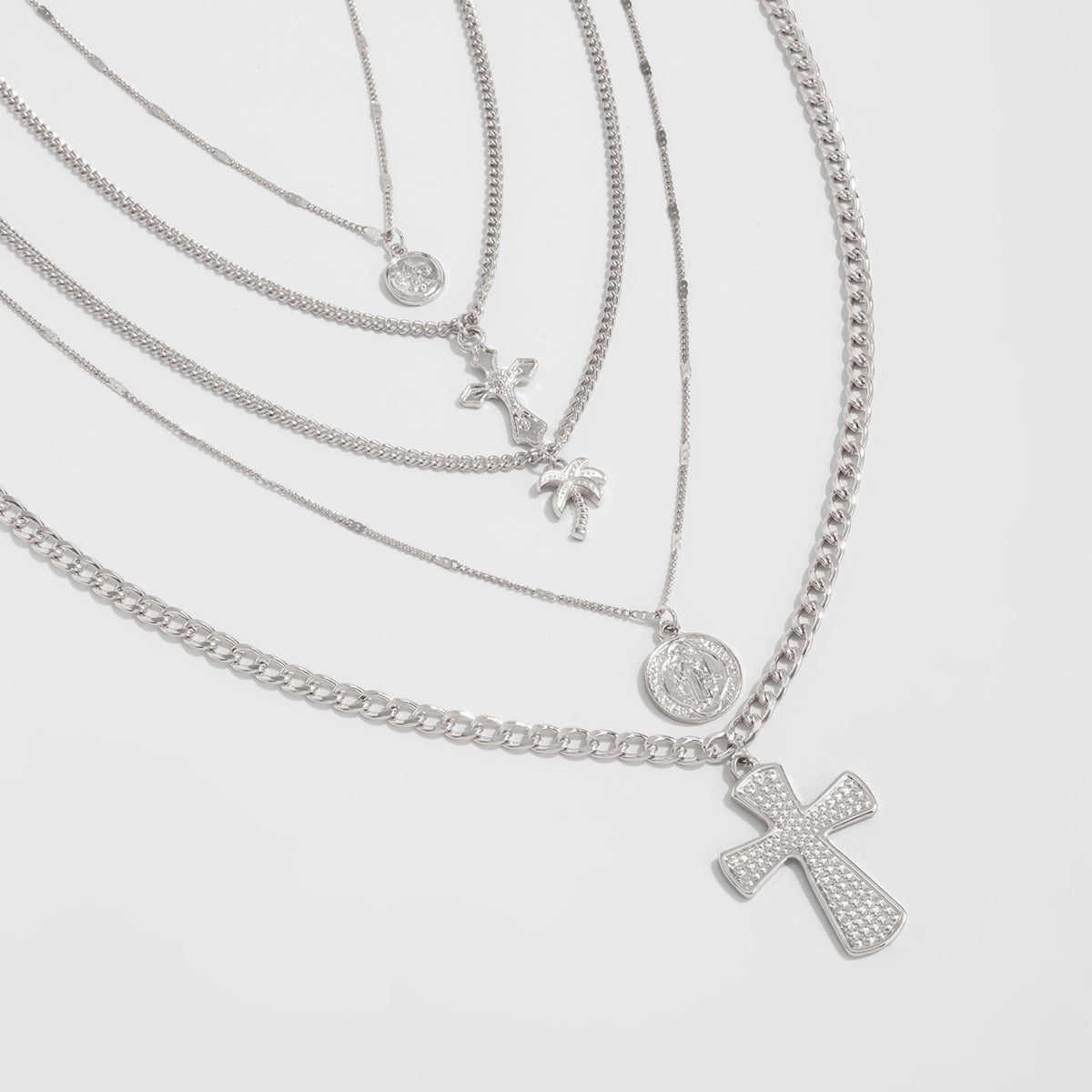 Chic 5pcs Cross Round Disk Coconut Tree Pendant Necklace Set - ArtGalleryZen