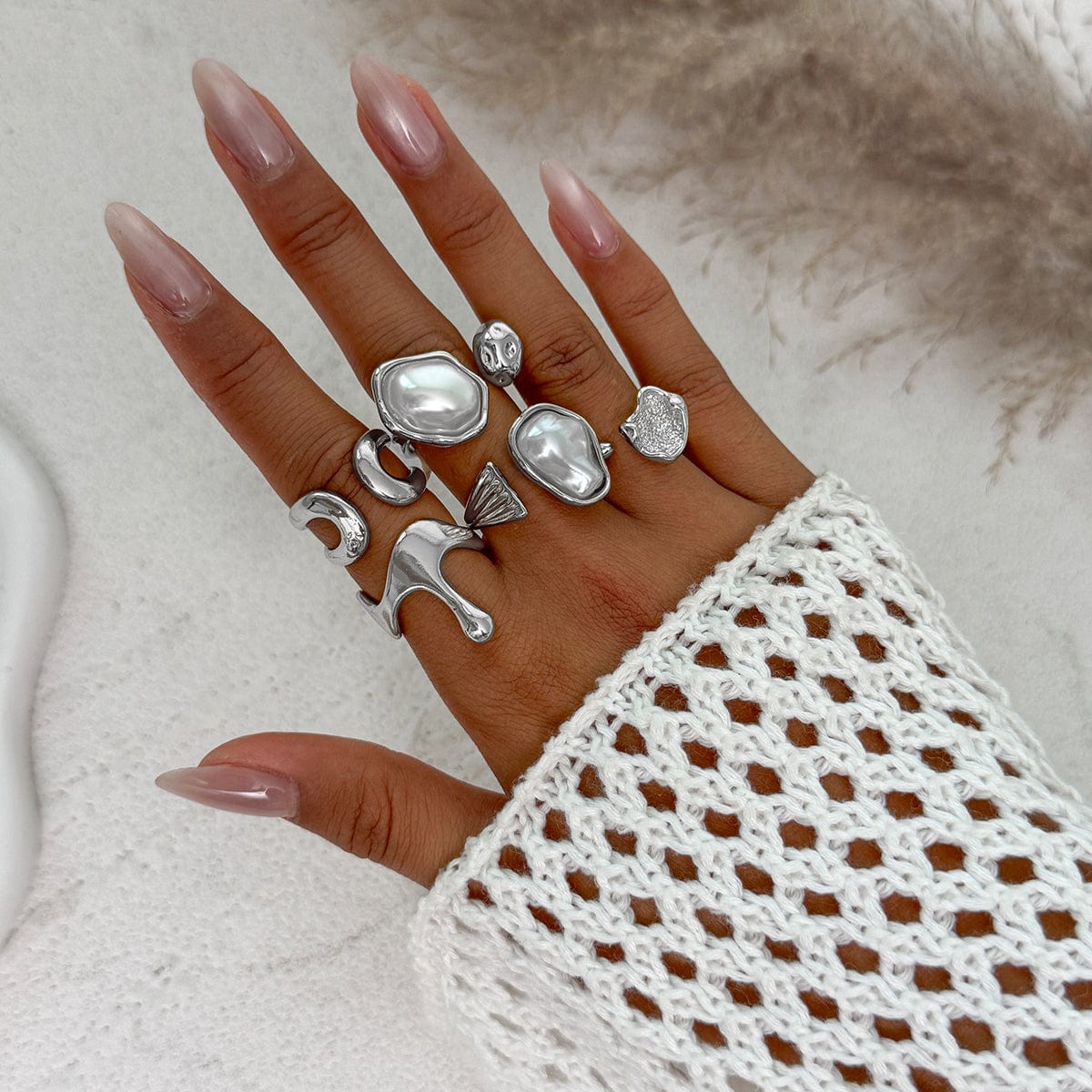 Chic 5pcs Irregualr Pearl Inlaid Waterdrop Ring Set - ArtGalleryZen