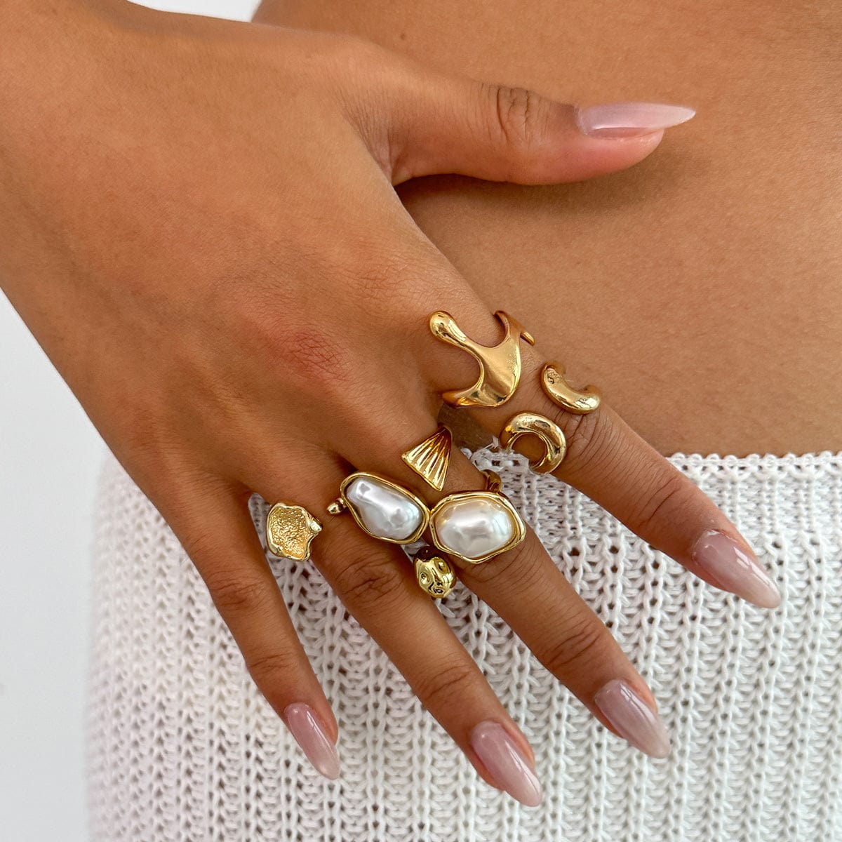 Chic 5pcs Irregualr Pearl Inlaid Waterdrop Ring Set - ArtGalleryZen