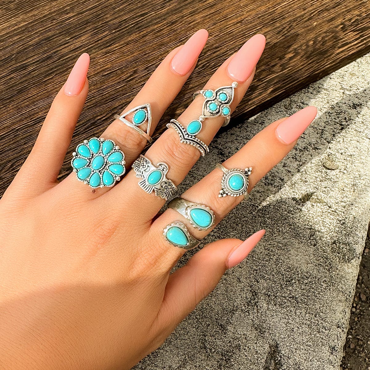 Chic 7 Pieces Antique Silver Embossed Pattern Turquoise Ring Set - ArtGalleryZen