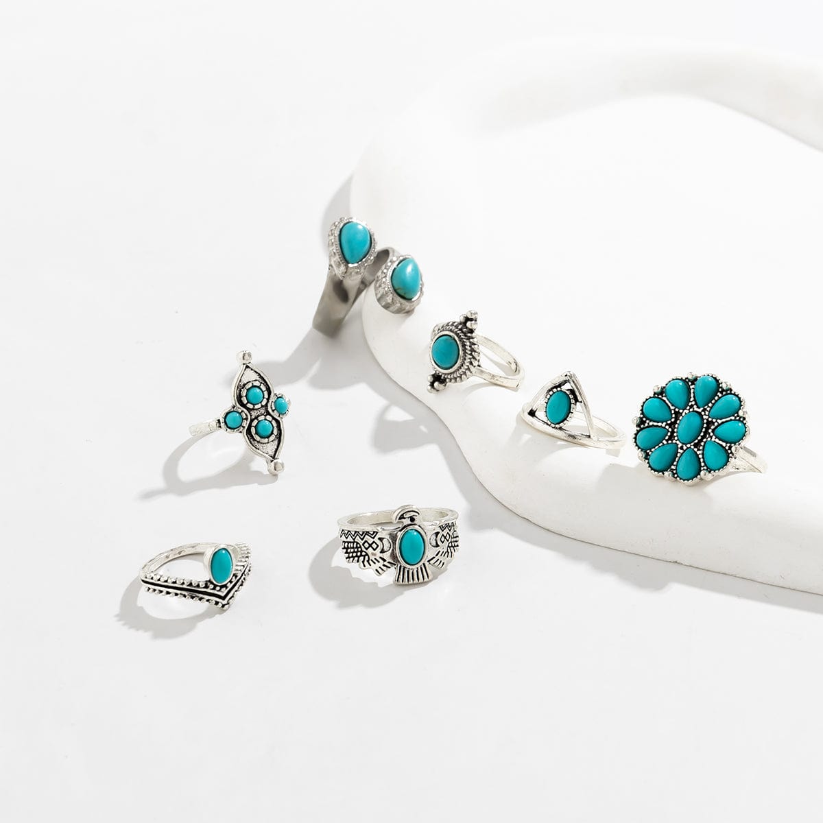 Chic 7 Pieces Antique Silver Embossed Pattern Turquoise Ring Set - ArtGalleryZen