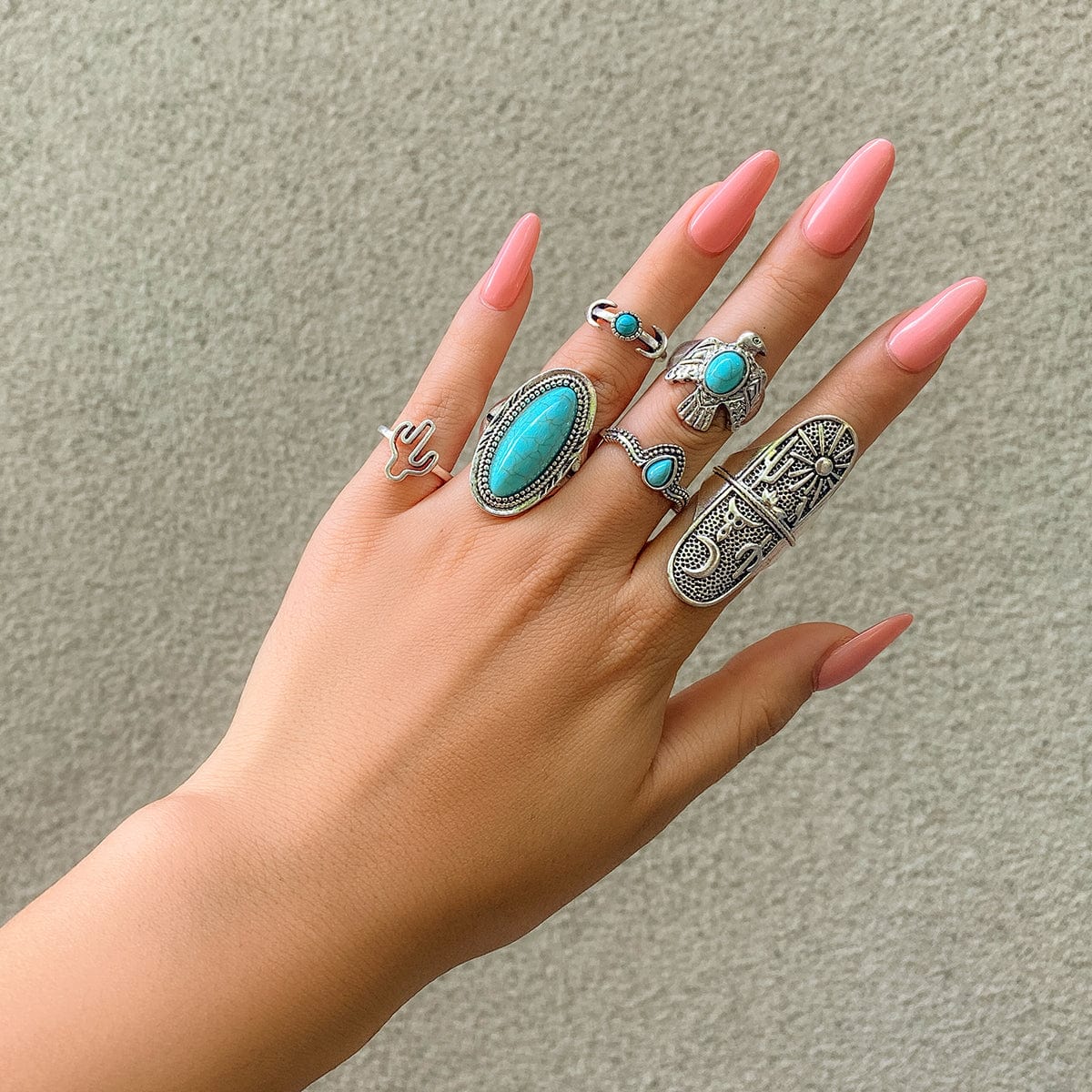 Chic 7 Pieces Antique Silver Embossed Pattern Turquoise Ring Set - ArtGalleryZen