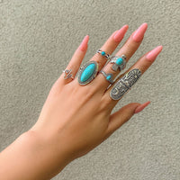 Thumbnail for Chic 7 Pieces Antique Silver Embossed Pattern Turquoise Ring Set - ArtGalleryZen