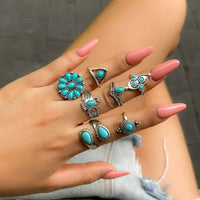 Thumbnail for Chic 7 Pieces Antique Silver Embossed Pattern Turquoise Ring Set - ArtGalleryZen