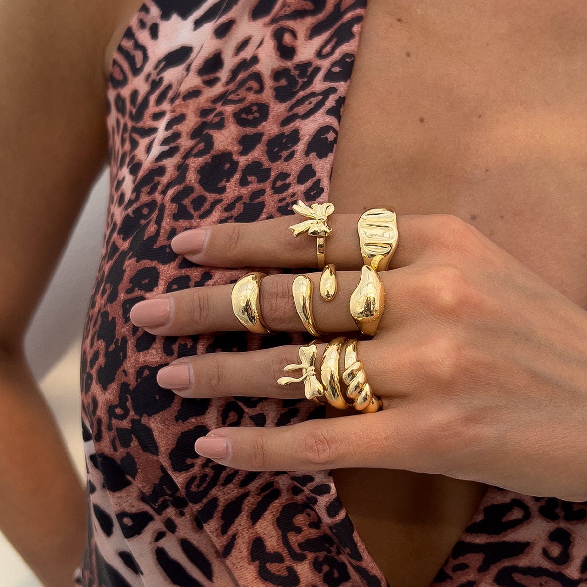 Chic 8pcs Bowknot Glossy Waterdrop Open Ring Set - ArtGalleryZen