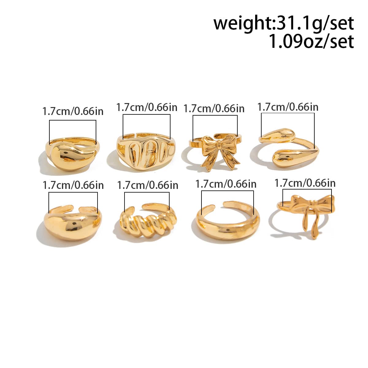 Chic 8pcs Bowknot Glossy Waterdrop Open Ring Set - ArtGalleryZen