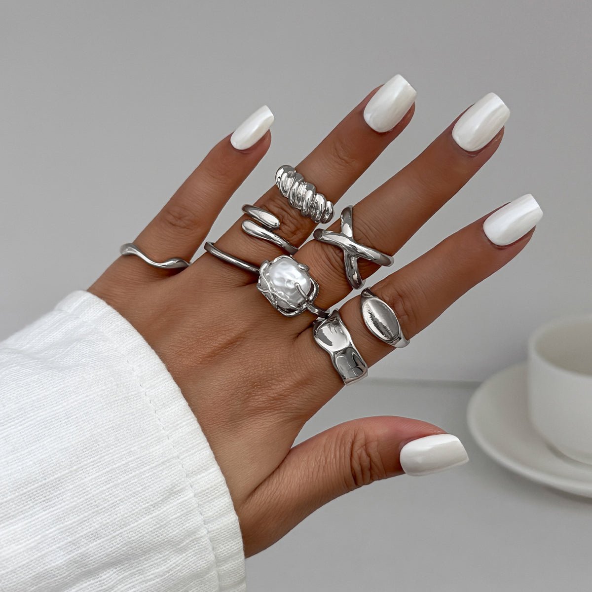Chic 8pcs Pearl Waterdrop Cross Twisted Ring Set - ArtGalleryZen