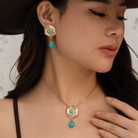 Thumbnail for Chic Abstract Flower Turquoise Pendant Necklace Earrings Set