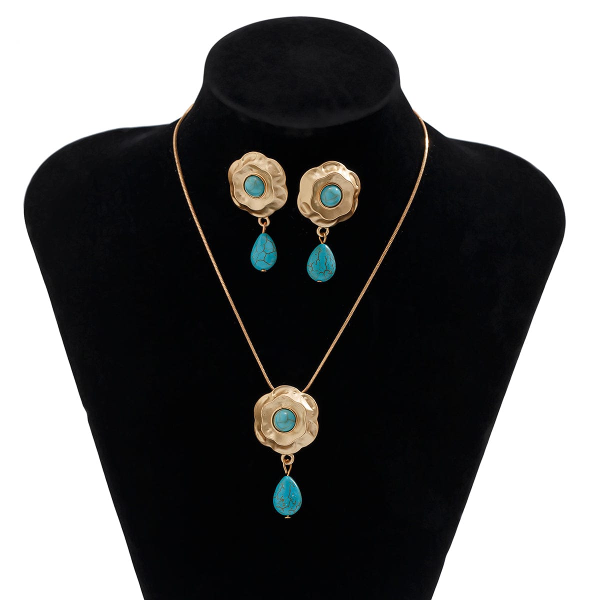 Chic Abstract Flower Turquoise Pendant Necklace Earrings Set