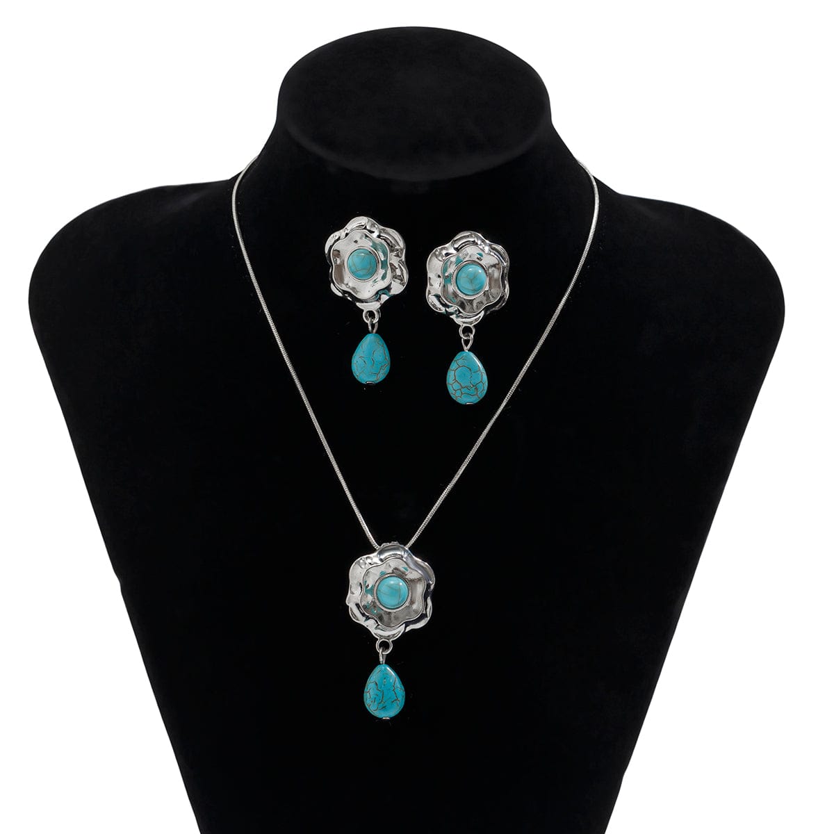 Chic Abstract Flower Turquoise Pendant Necklace Earrings Set