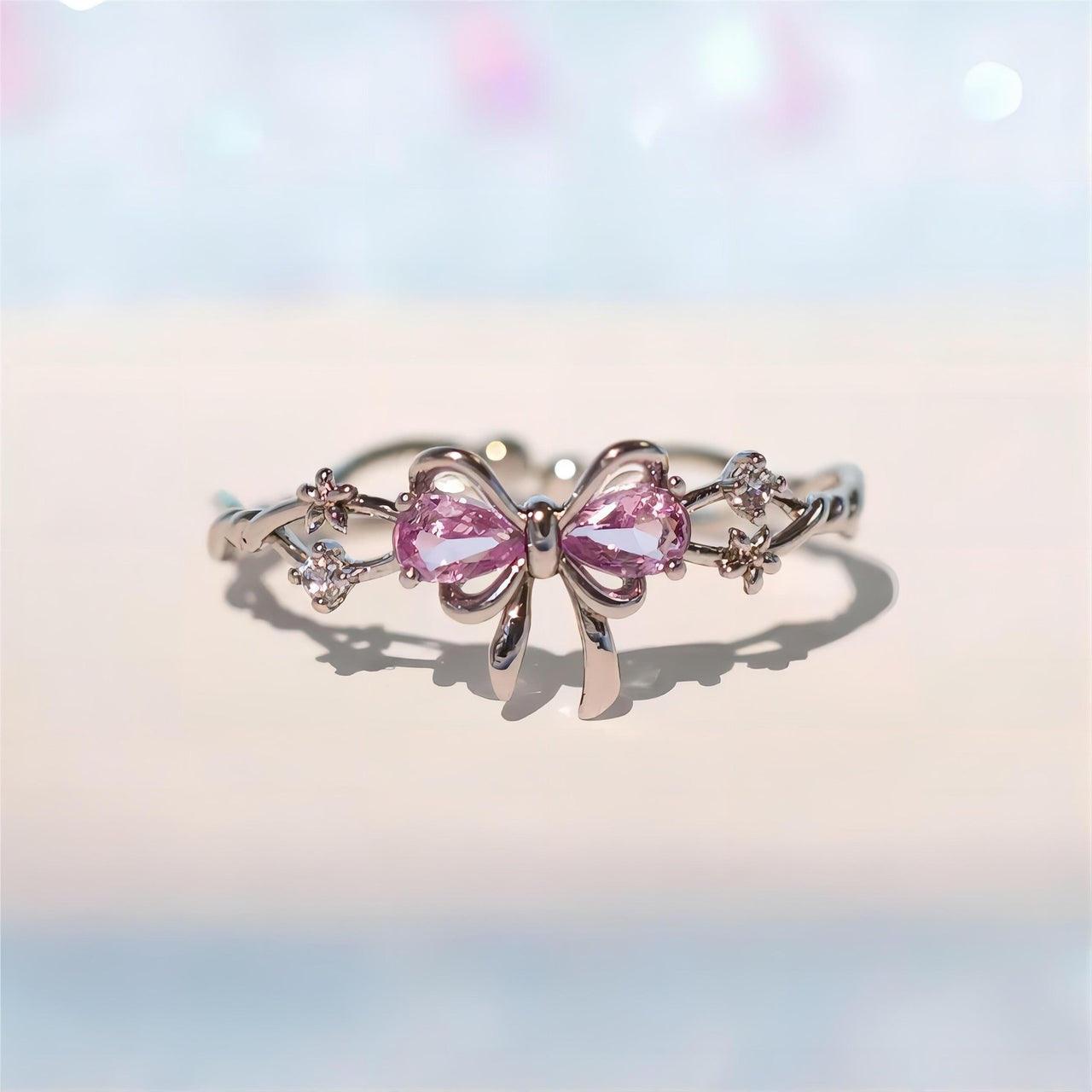 Chic Adjustable Crystal Floral Bowknot Ribbon Ring - ArtGalleryZen