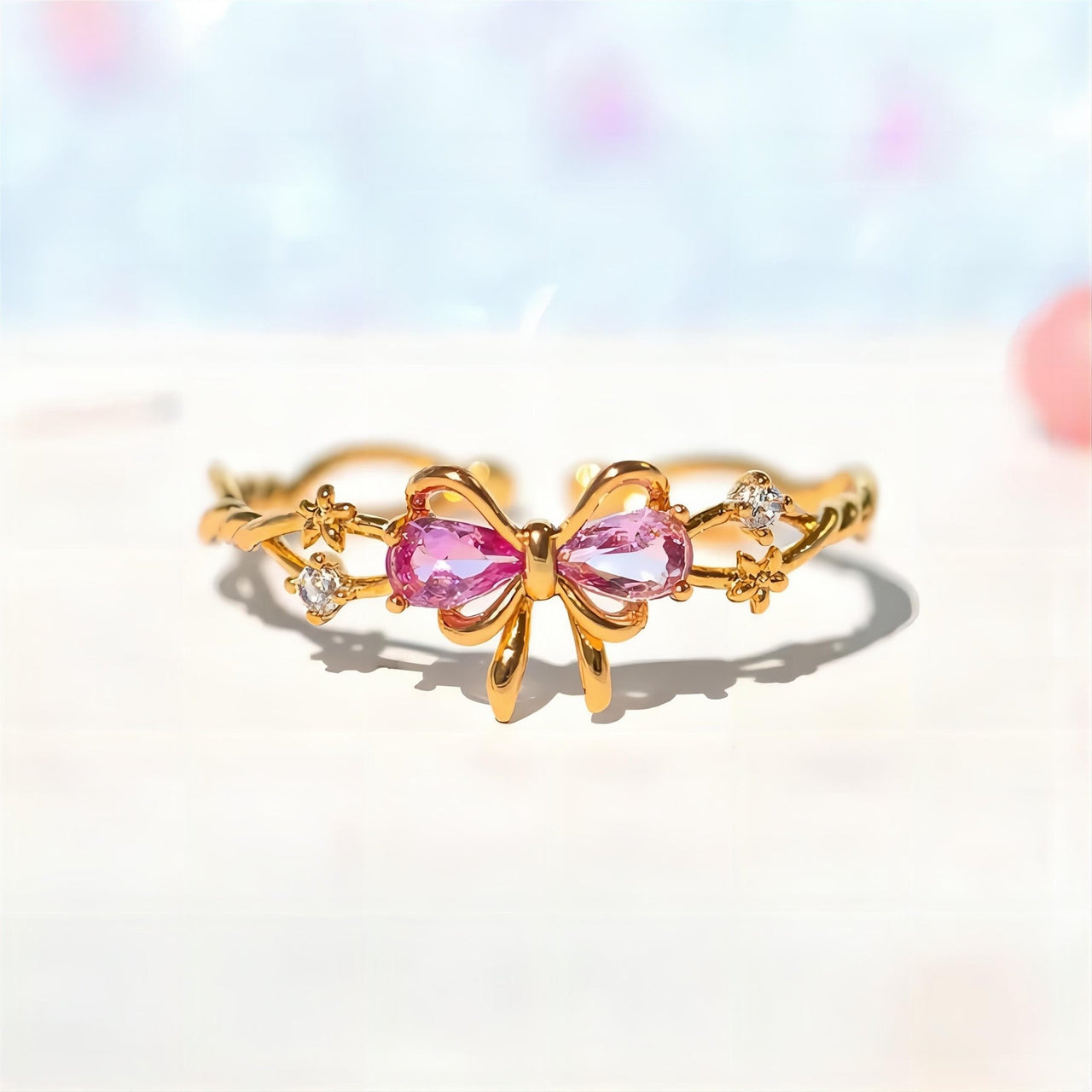 Chic Adjustable Crystal Floral Bowknot Ribbon Ring - ArtGalleryZen