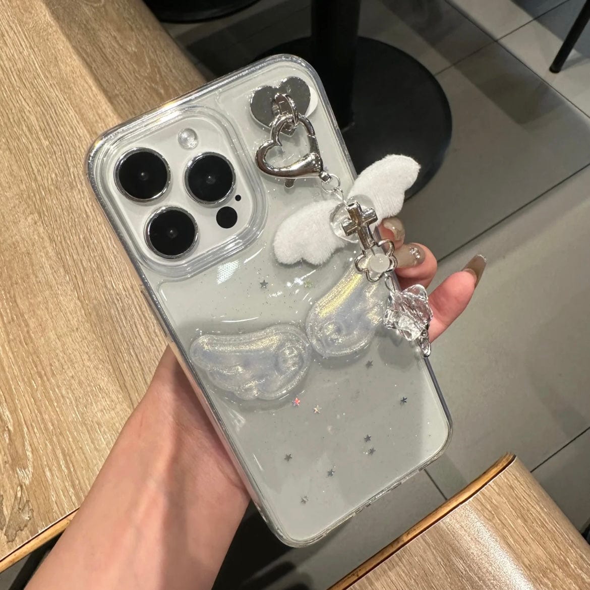 Chic Angel Wing Star Sequin iPhone Case With Charm - ArtGalleryZen