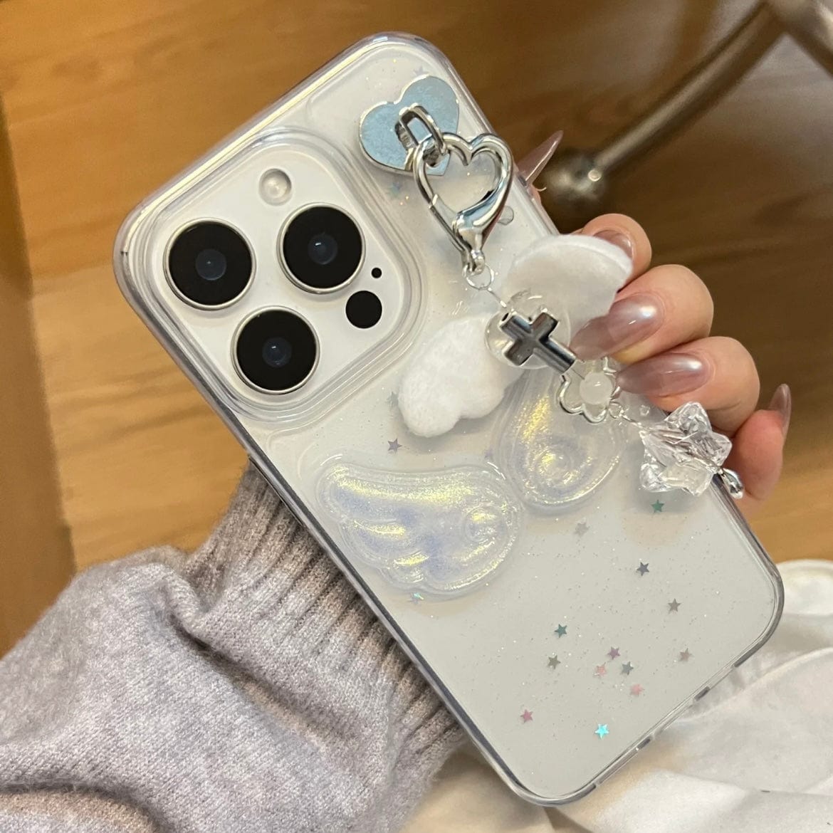 Chic Angel Wing Star Sequin iPhone Case With Charm - ArtGalleryZen