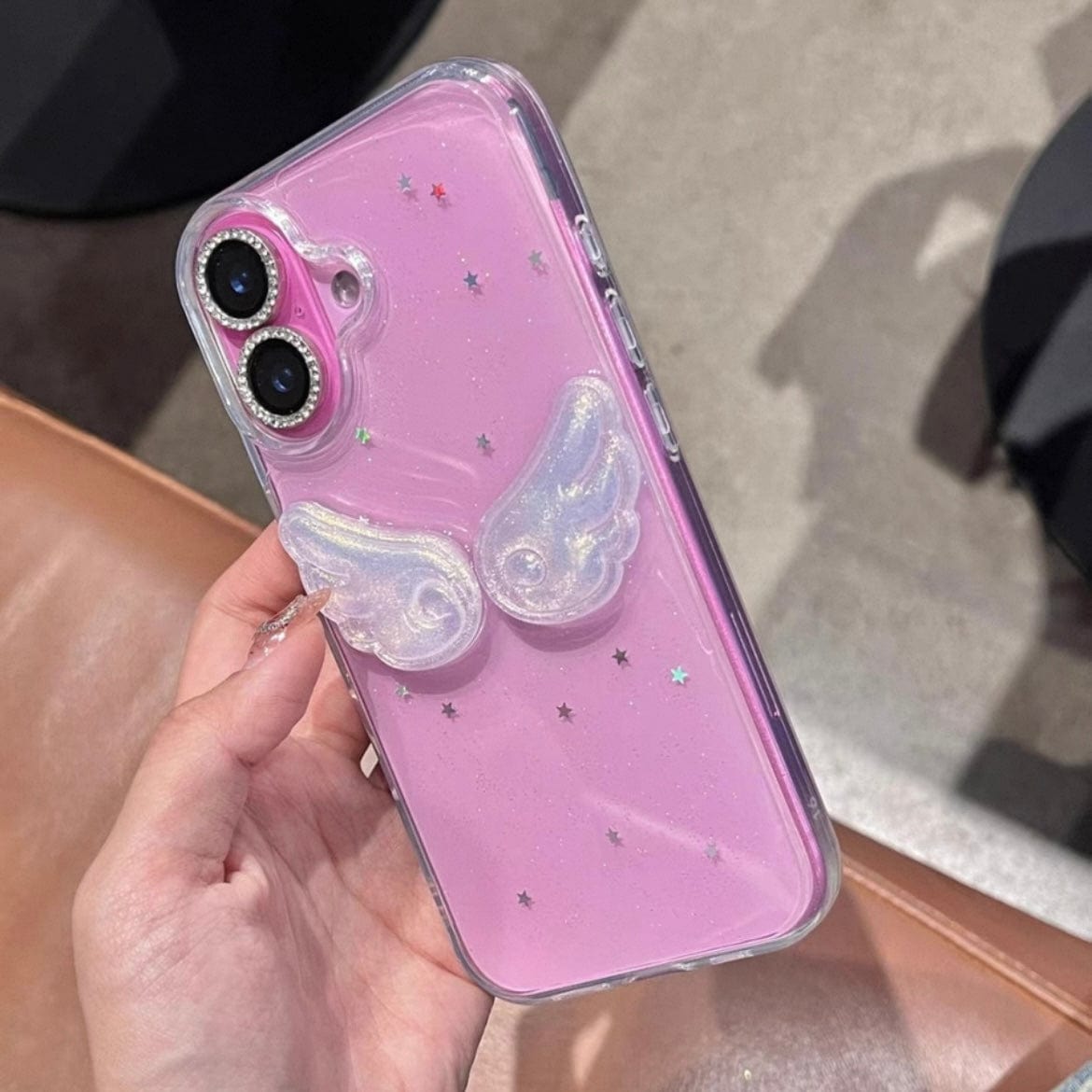 Chic Angel Wing Star Sequin iPhone Case With Charm - ArtGalleryZen