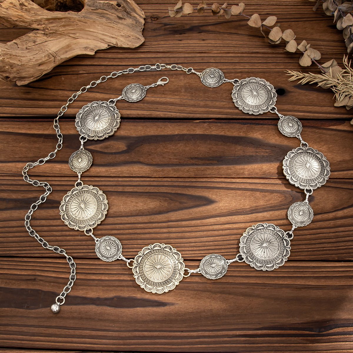 Chic Antique Gold Silver Tone Floral Round Disk Waist Chain - ArtGalleryZen