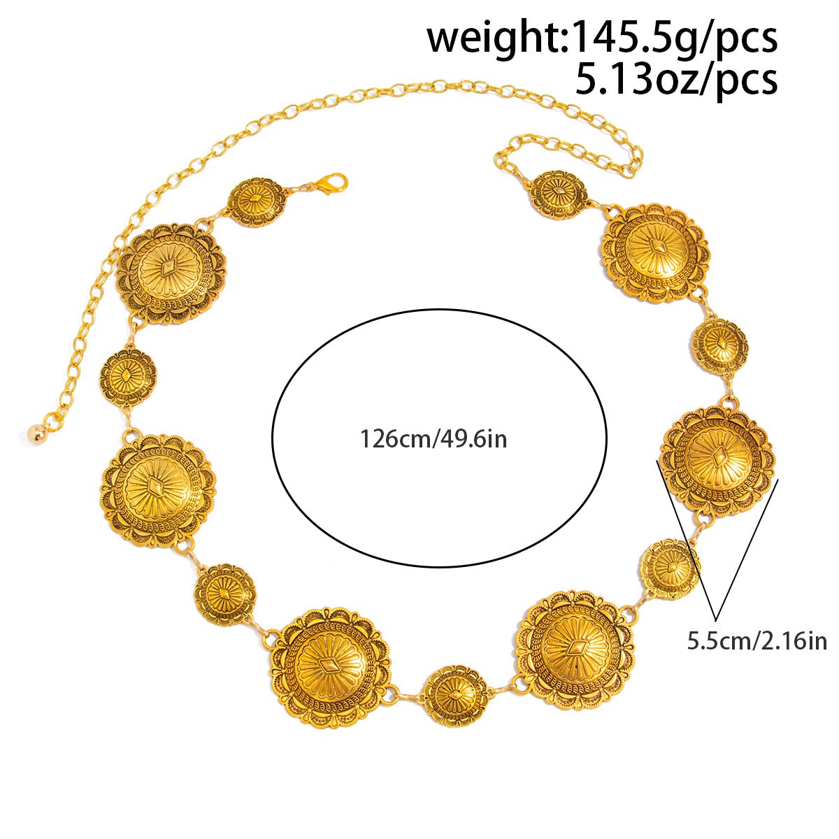 Chic Antique Gold Silver Tone Floral Round Disk Waist Chain - ArtGalleryZen