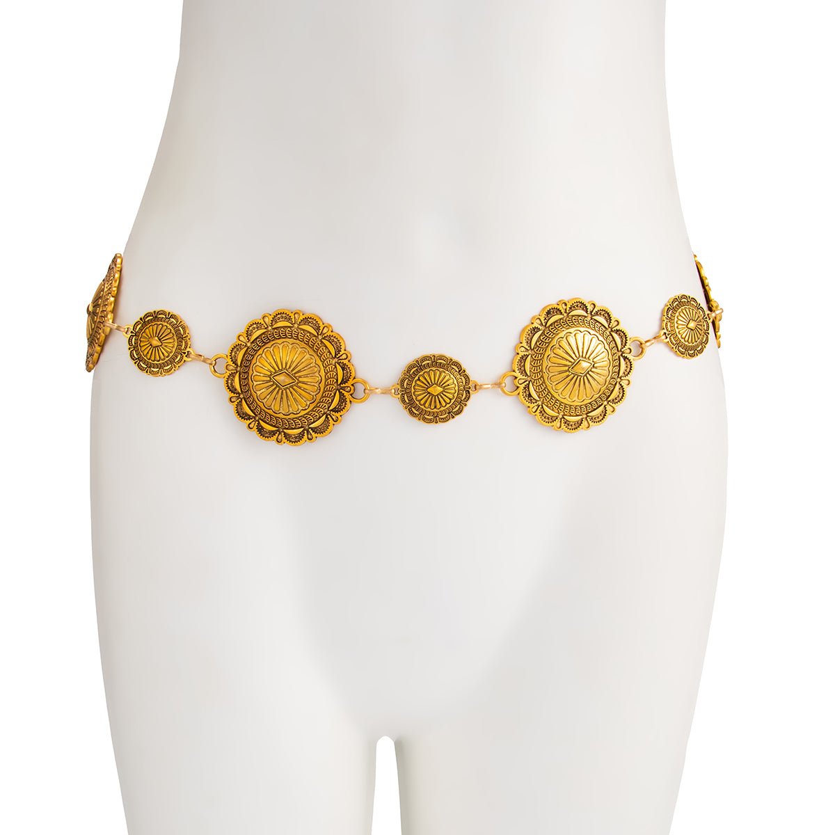 Chic Antique Gold Silver Tone Floral Round Disk Waist Chain - ArtGalleryZen