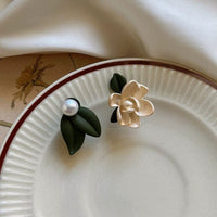 Thumbnail for Chic Asymmetric Enamel Gardenia Flower Pearl Earrings