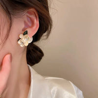 Thumbnail for Chic Asymmetric Enamel Gardenia Flower Pearl Earrings