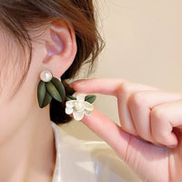 Thumbnail for Chic Asymmetric Enamel Gardenia Flower Pearl Earrings