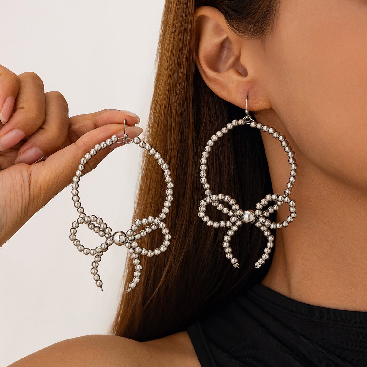 Chic Beaded Bowknot Dangle Hoop Earrings - ArtGalleryZen