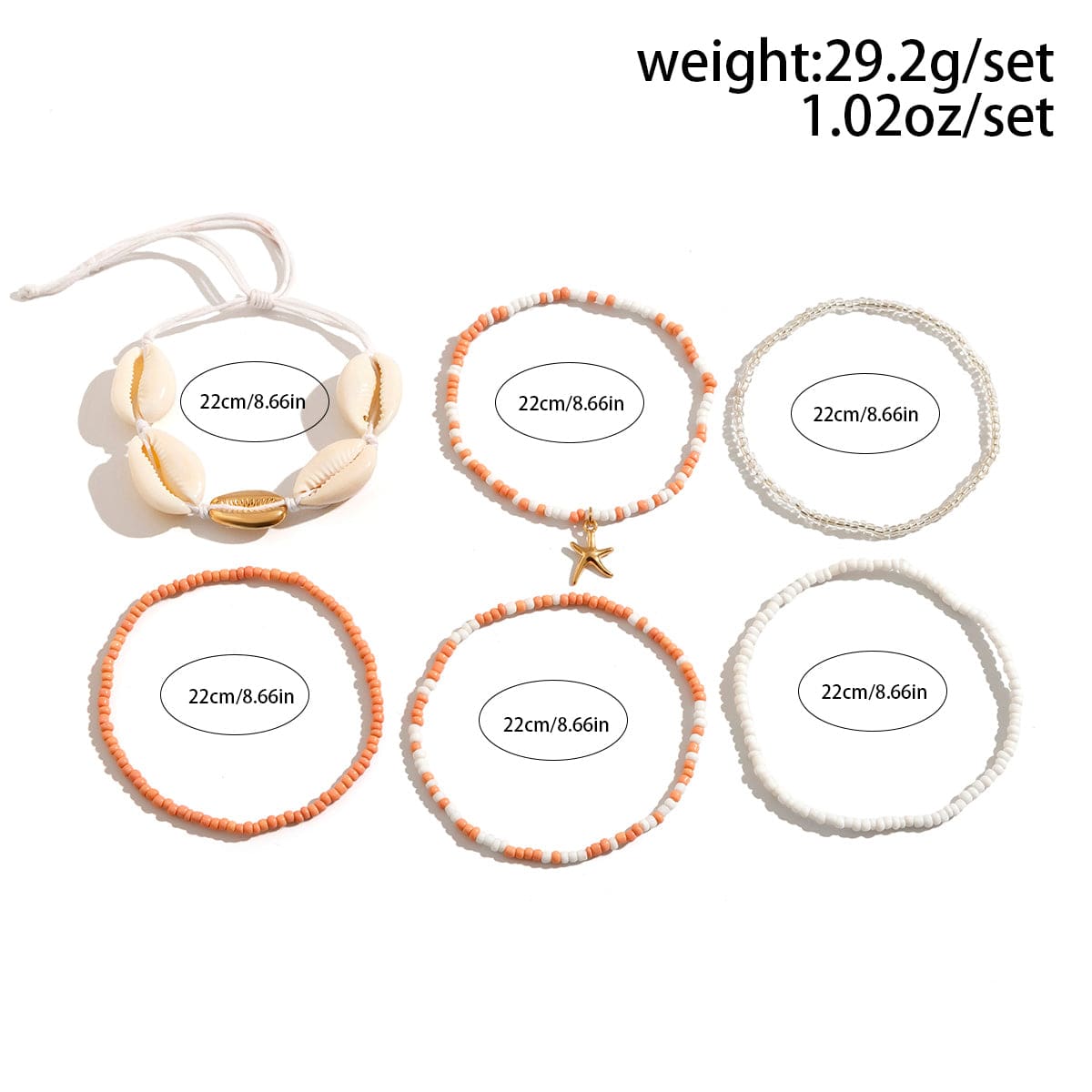 Chic Boho 6 Pieces Crystal Beaded Shell Starfish Charm Stackable Anklet Set