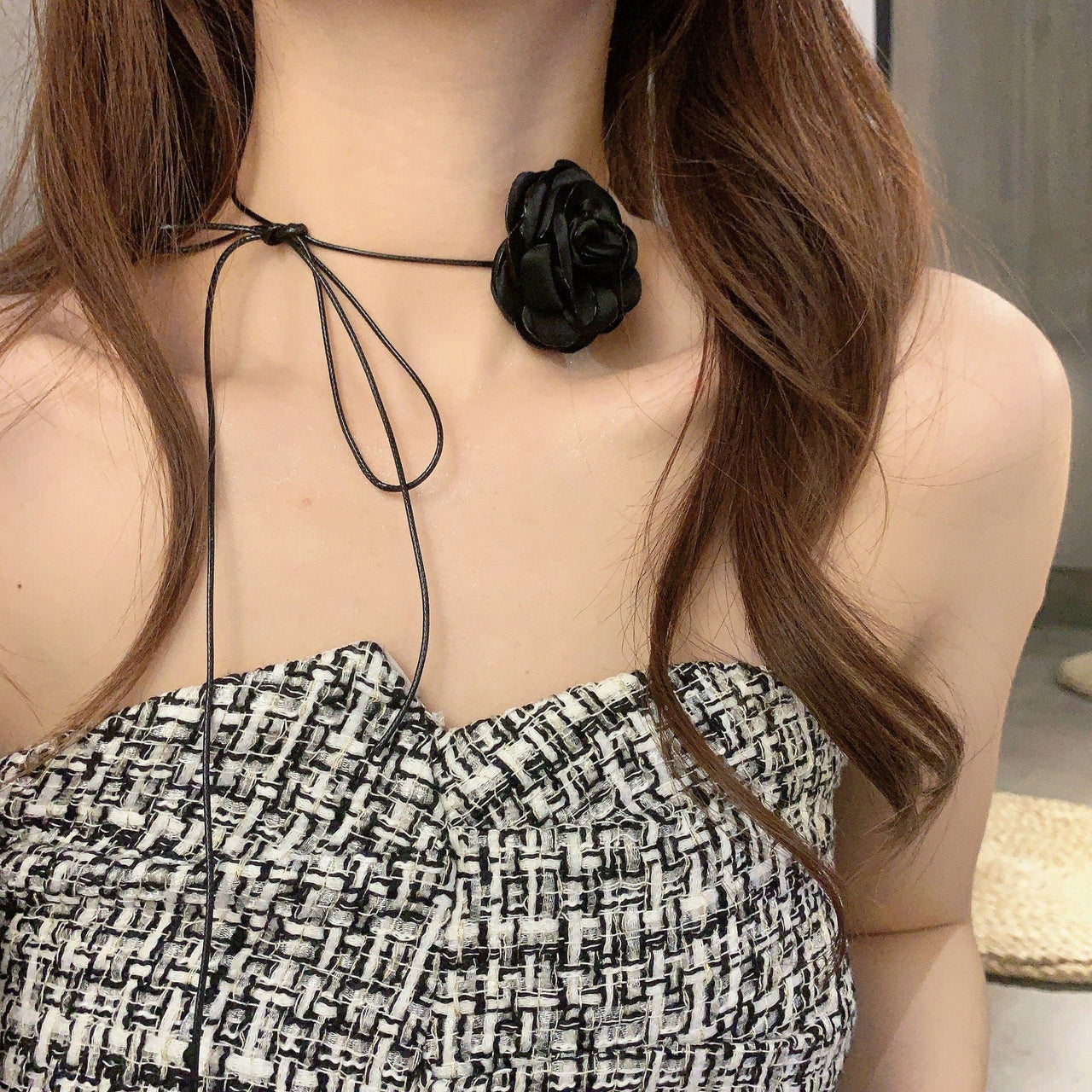 Chic Camellia Flower Wax Cord Collar Choker - ArtGalleryZen