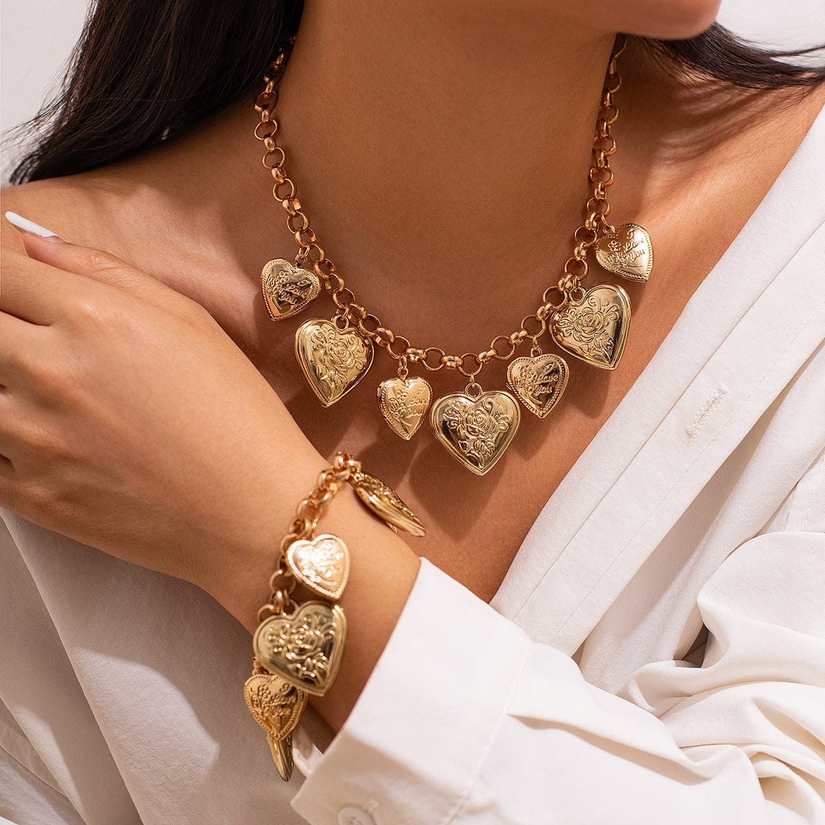 Chic Chunky Flower Relief Heart Tassel Necklace Bracelet