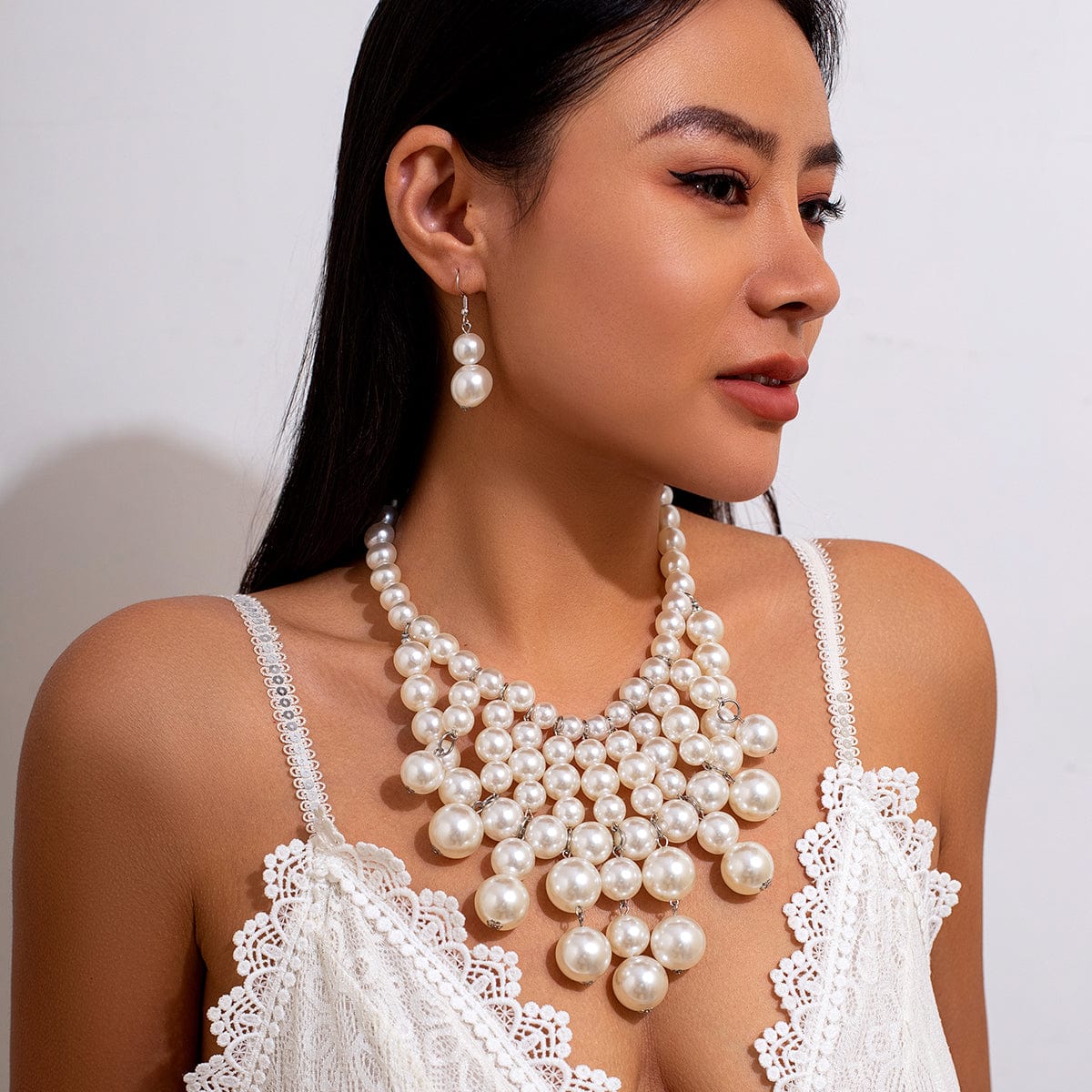 Chic Chunky Pearl Tassel Chain Necklace Earrings Set