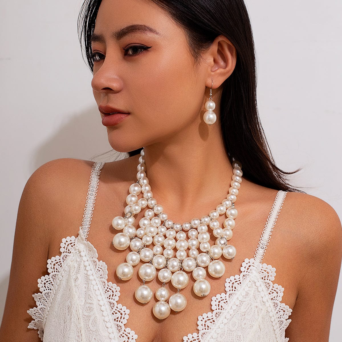 Chic Chunky Pearl Tassel Chain Necklace Earrings Set