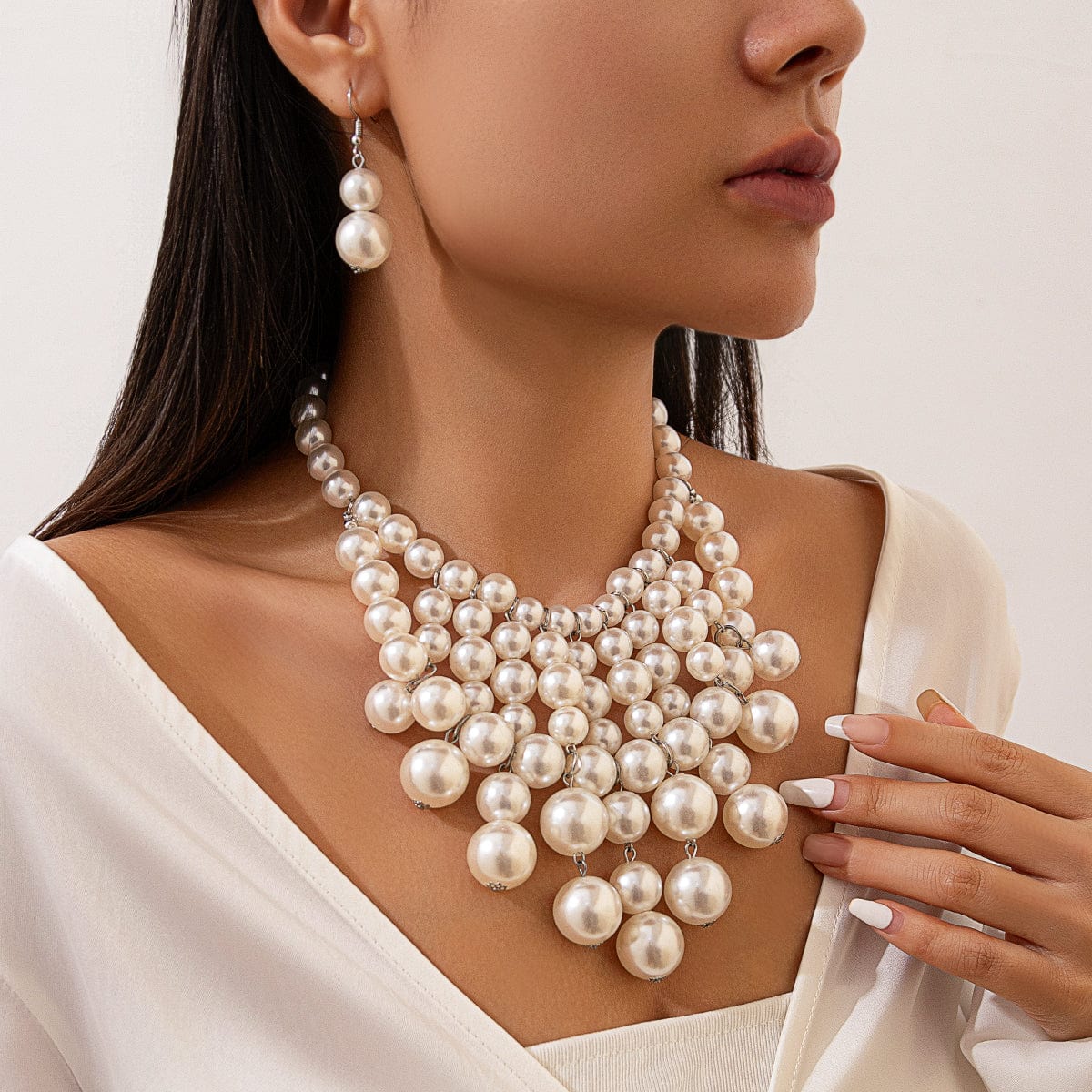 Chic Chunky Pearl Tassel Chain Necklace Earrings Set