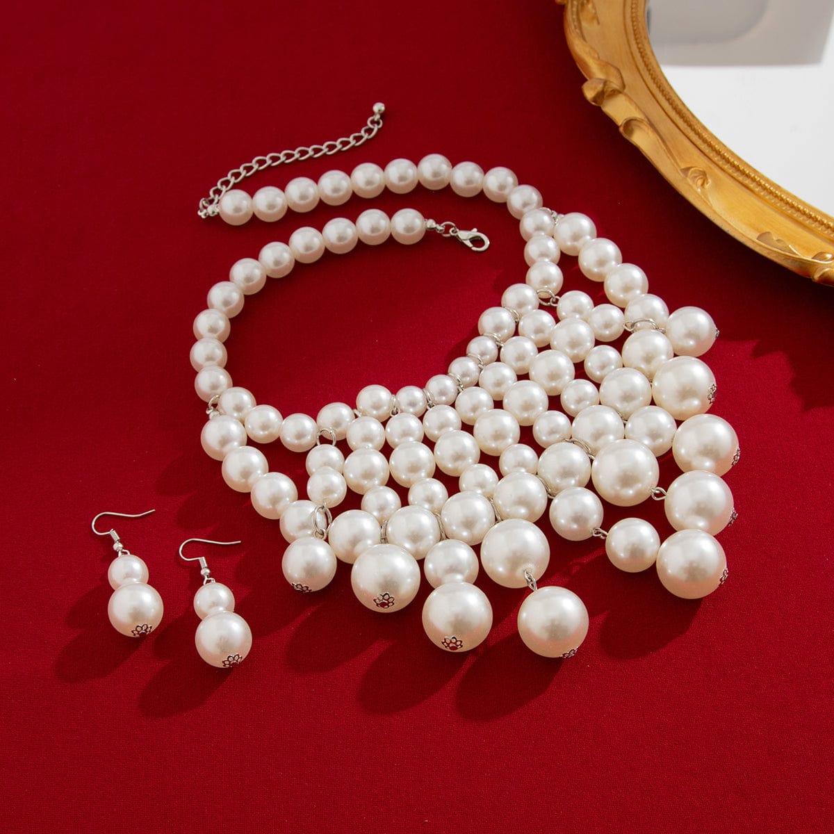 Chic Chunky Pearl Tassel Chain Necklace Earrings Set