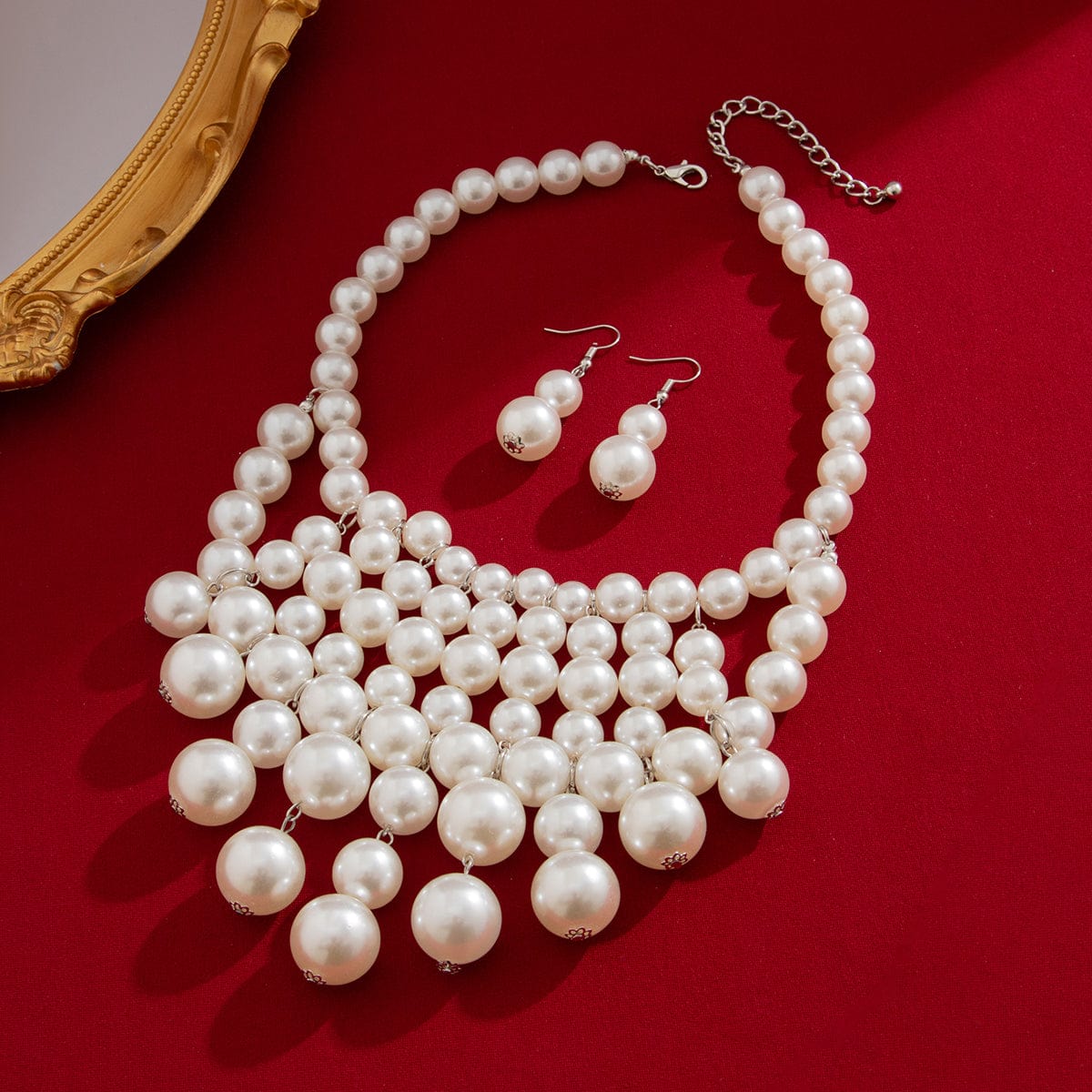 Chic Chunky Pearl Tassel Chain Necklace Earrings Set