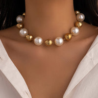 Thumbnail for Chic Chunky Two Tone Pearl Chain Choker Necklace - ArtGalleryZen