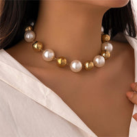 Thumbnail for Chic Chunky Two Tone Pearl Chain Choker Necklace - ArtGalleryZen