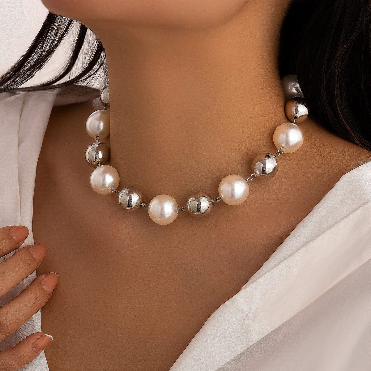 Chic Chunky Two Tone Pearl Chain Choker Necklace