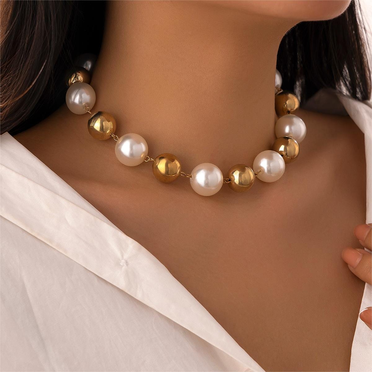 Chic Chunky Two Tone Pearl Chain Choker Necklace