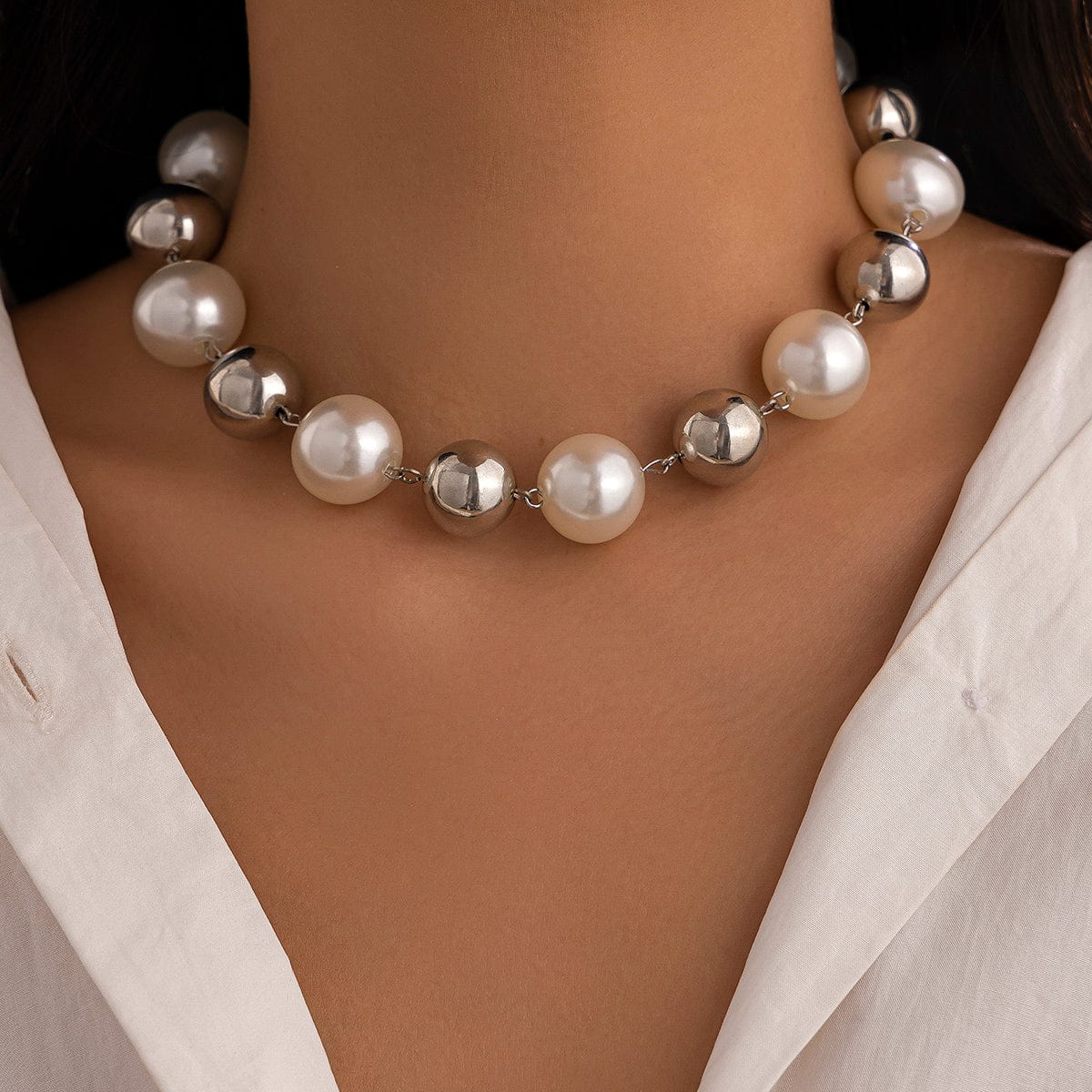 Chic Chunky Two Tone Pearl Chain Choker Necklace