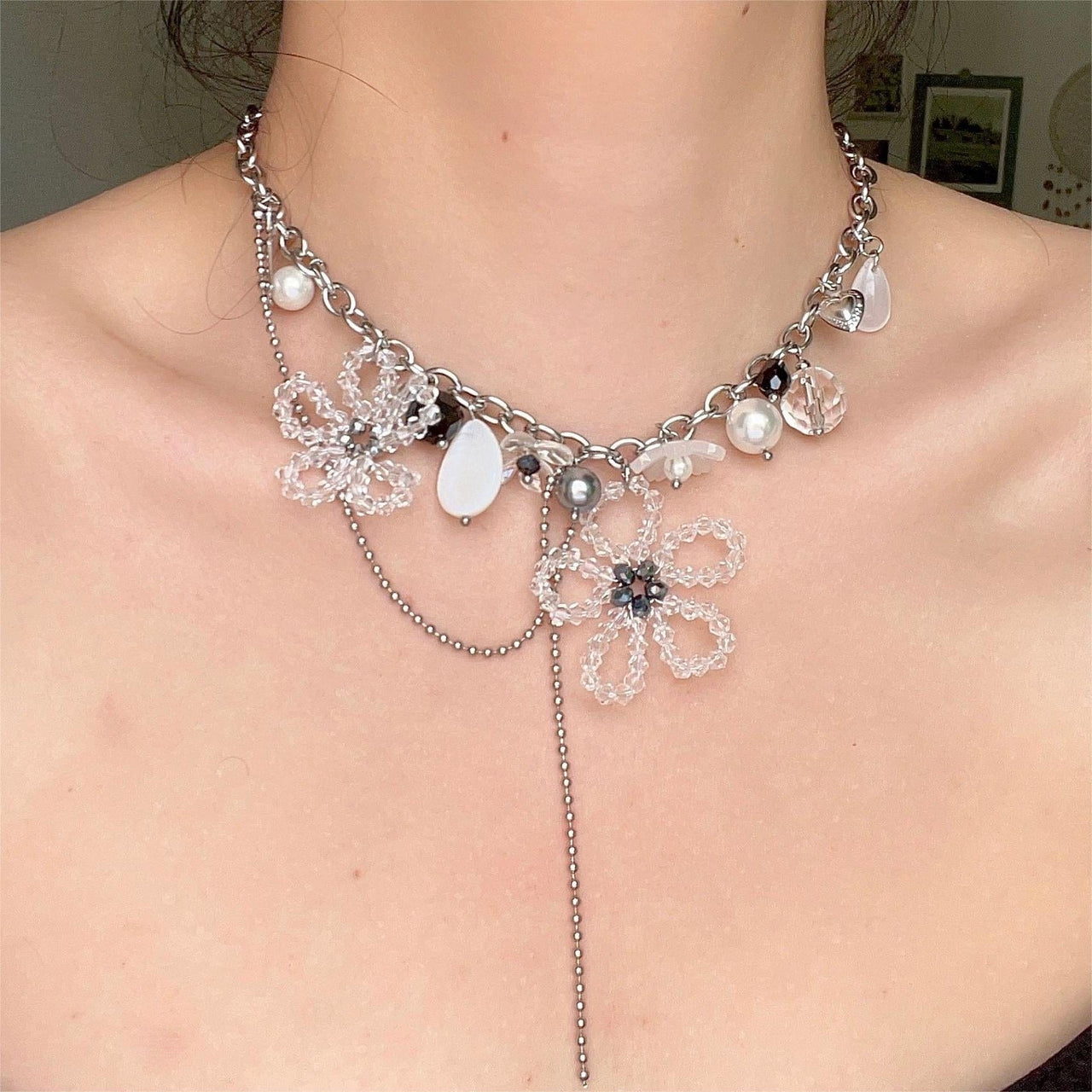 Chic Colorful Butterfly Crystal Flower Pendant Pearl Tassel Chain Necklace - ArtGalleryZen