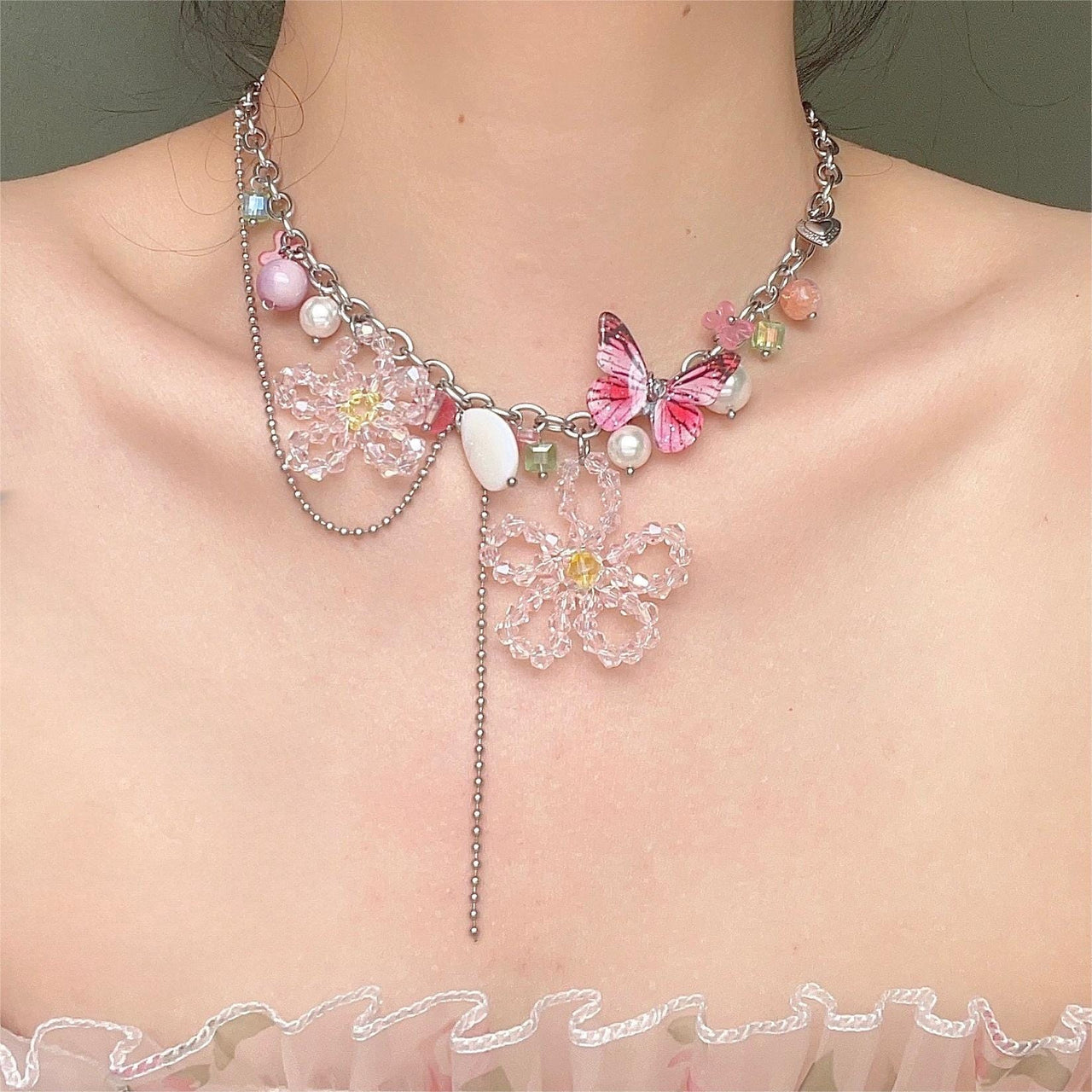 Chic Colorful Butterfly Crystal Flower Pendant Pearl Tassel Chain Necklace - ArtGalleryZen