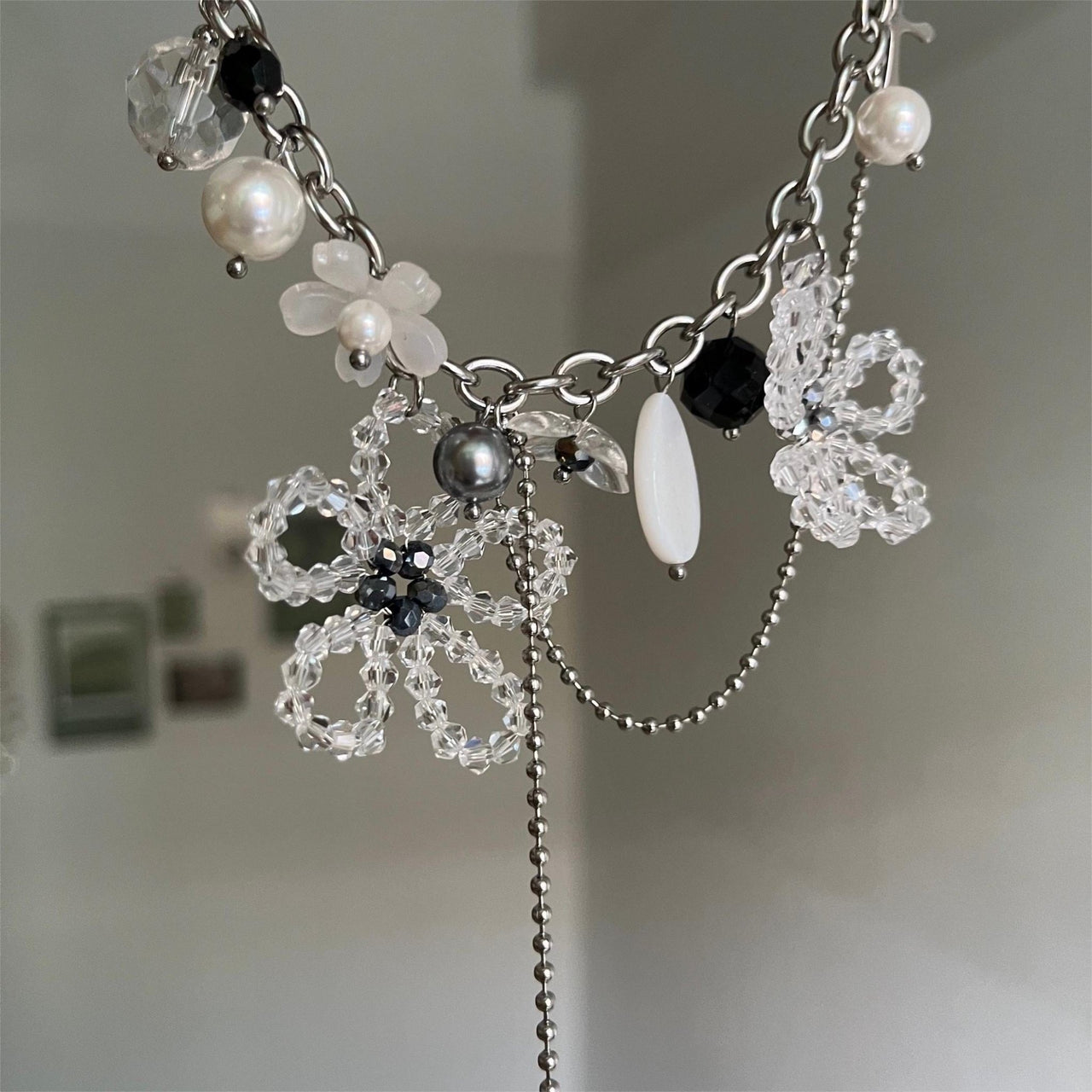 Chic Colorful Butterfly Crystal Flower Pendant Pearl Tassel Chain Necklace - ArtGalleryZen