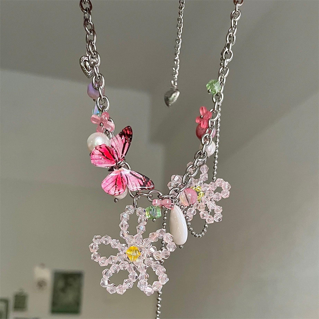 Chic Colorful Butterfly Crystal Flower Pendant Pearl Tassel Chain Necklace