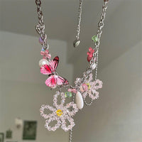 Thumbnail for Chic Colorful Butterfly Crystal Flower Pendant Pearl Tassel Chain Necklace