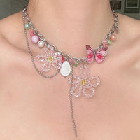 Thumbnail for Chic Colorful Butterfly Crystal Flower Pendant Pearl Tassel Chain Necklace