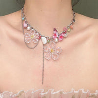 Thumbnail for Chic Colorful Butterfly Crystal Flower Pendant Pearl Tassel Chain Necklace