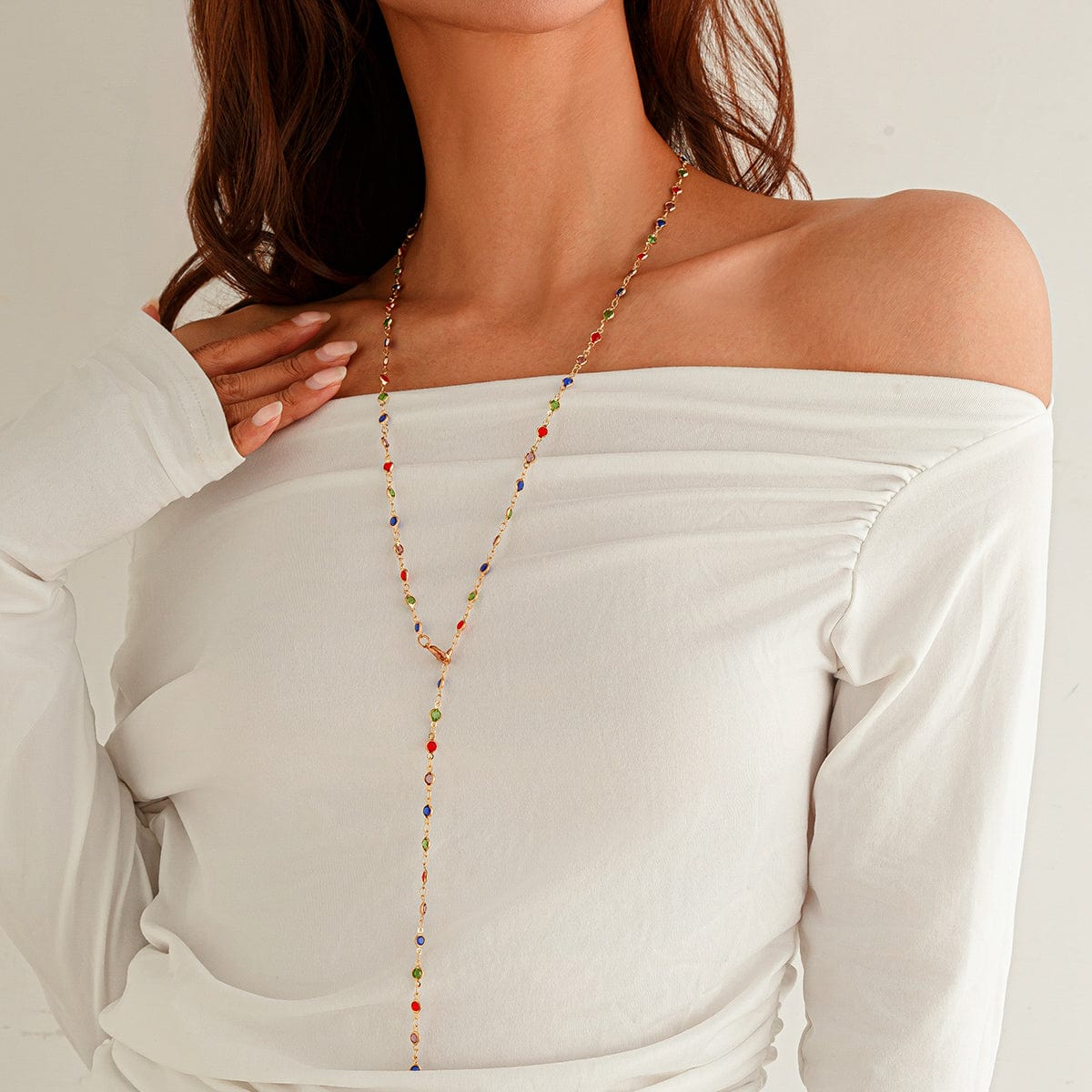 Chic Colorful Crystal Long Chain Y Necklace - ArtGalleryZen
